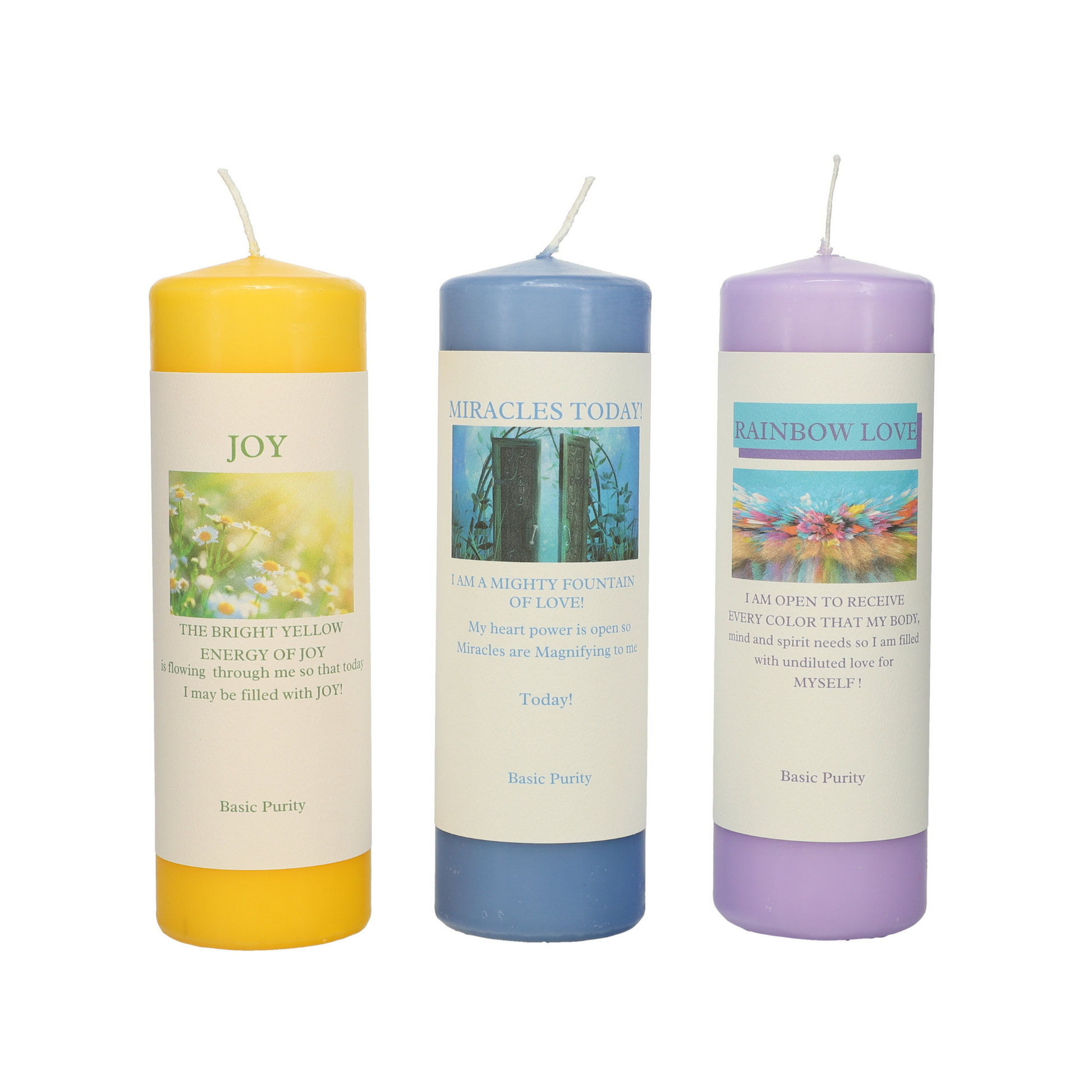 Joy, miracle today, and rainbow love candle set by Mary Armendarez